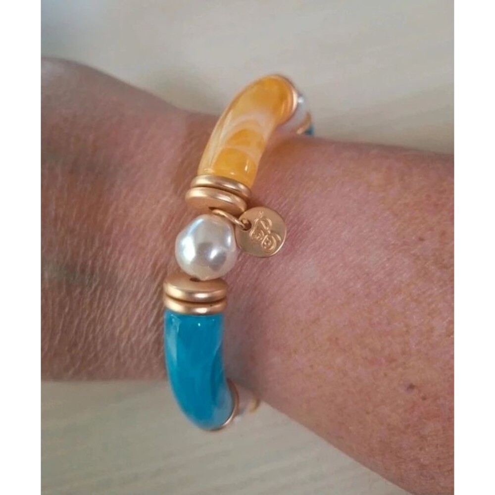 Blue, Yellow and Pearl Accent Stretchy Bracelet
